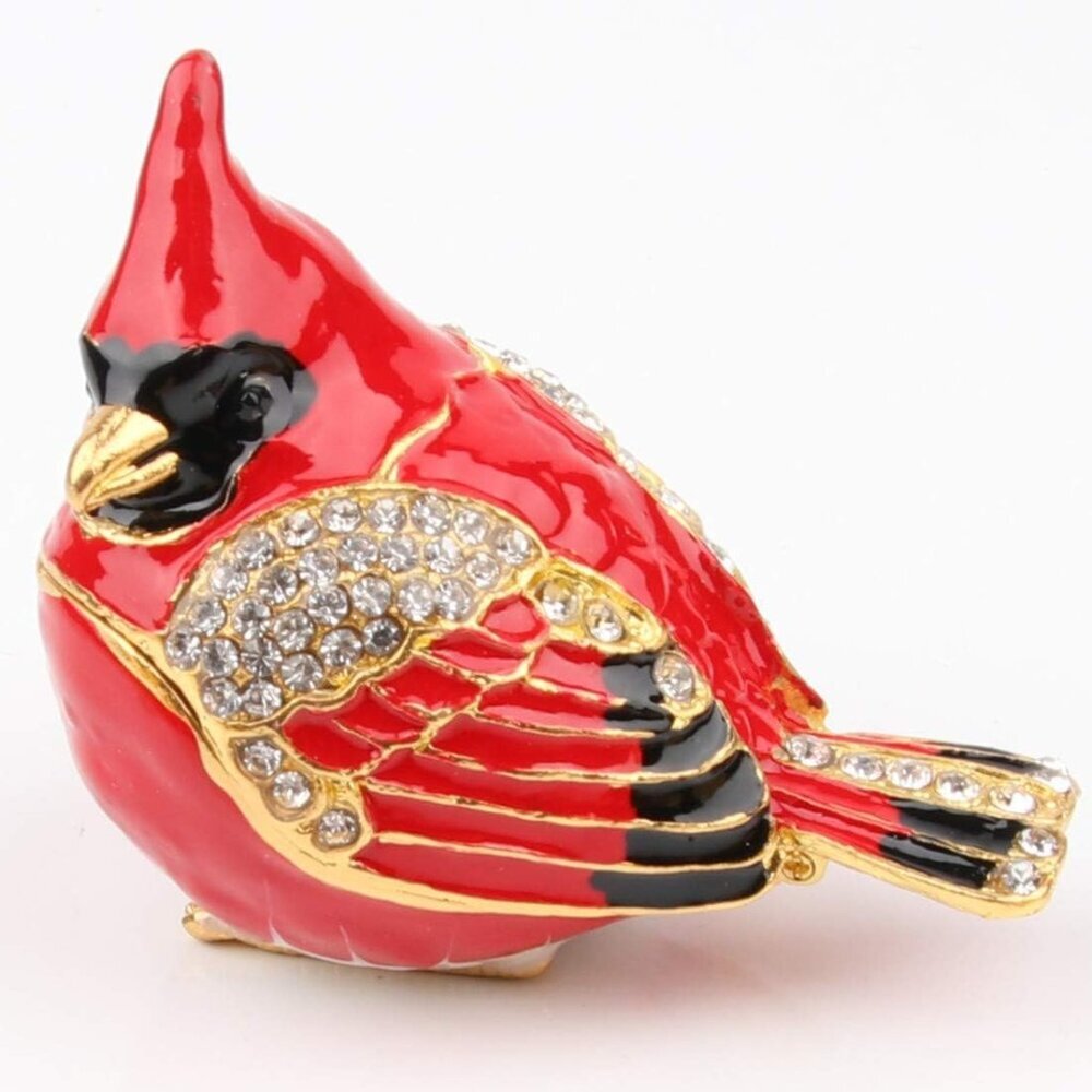 Cardinal Bird Trinket Box Metal Enameled Animal Figurines Collectable Wedding Je